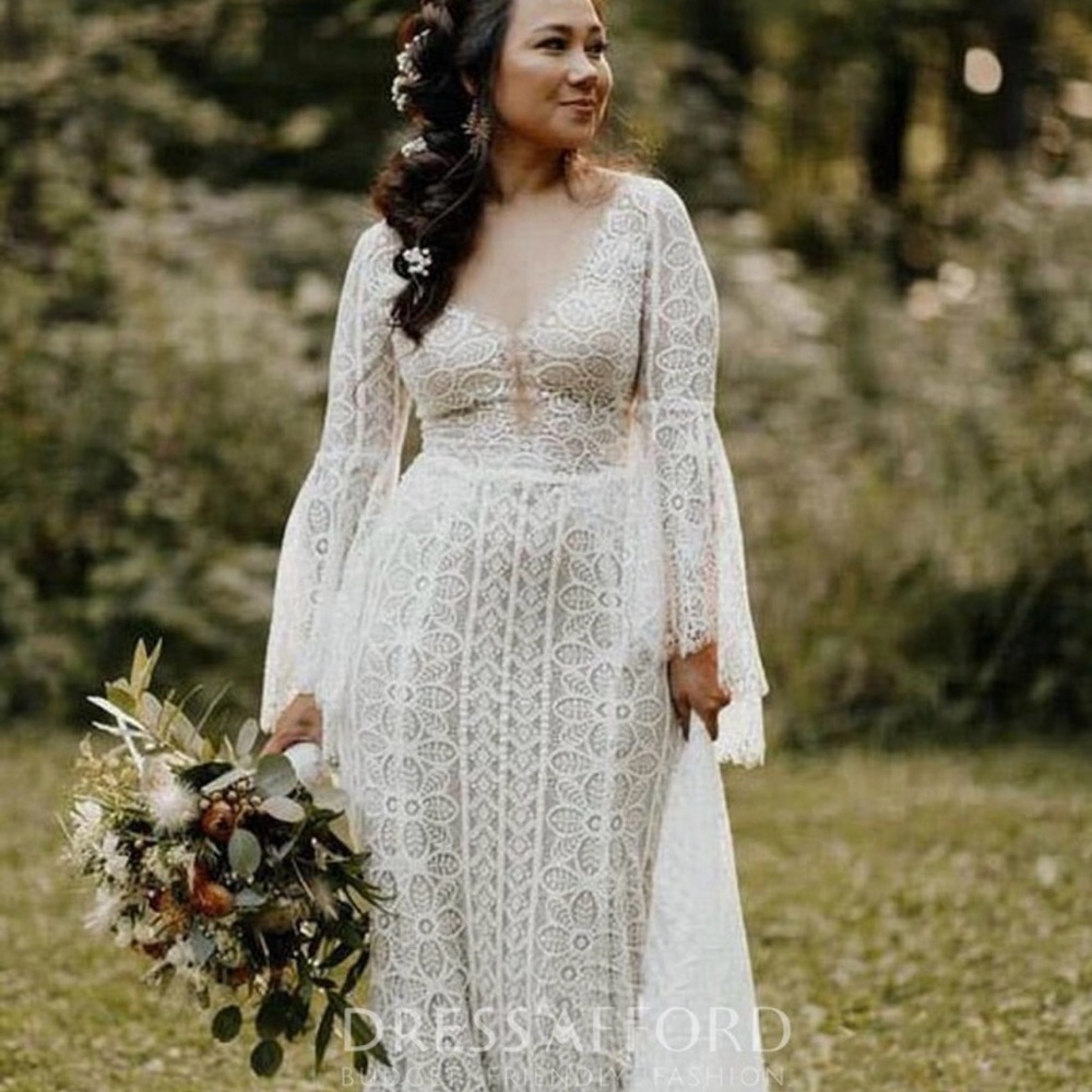 New Boho Lace long sleeve corset back bell sleeve romantic wedding dress 12